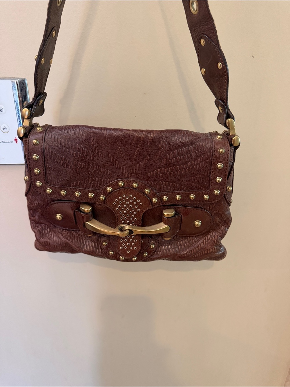 GUCCIStudded Brown Leather Short StrapShoulder Bag